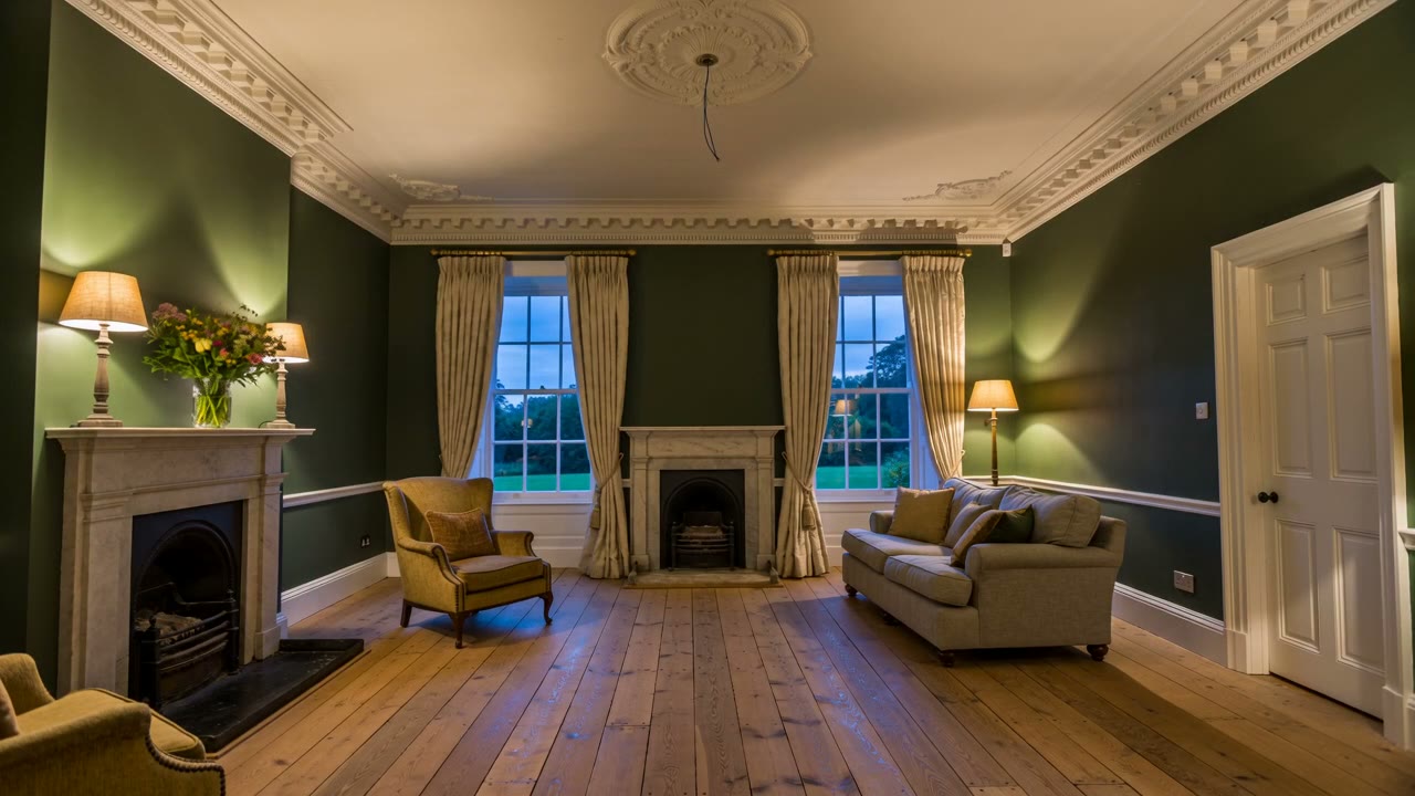 Elegant living room freshly decorated in deep green with white cornicing